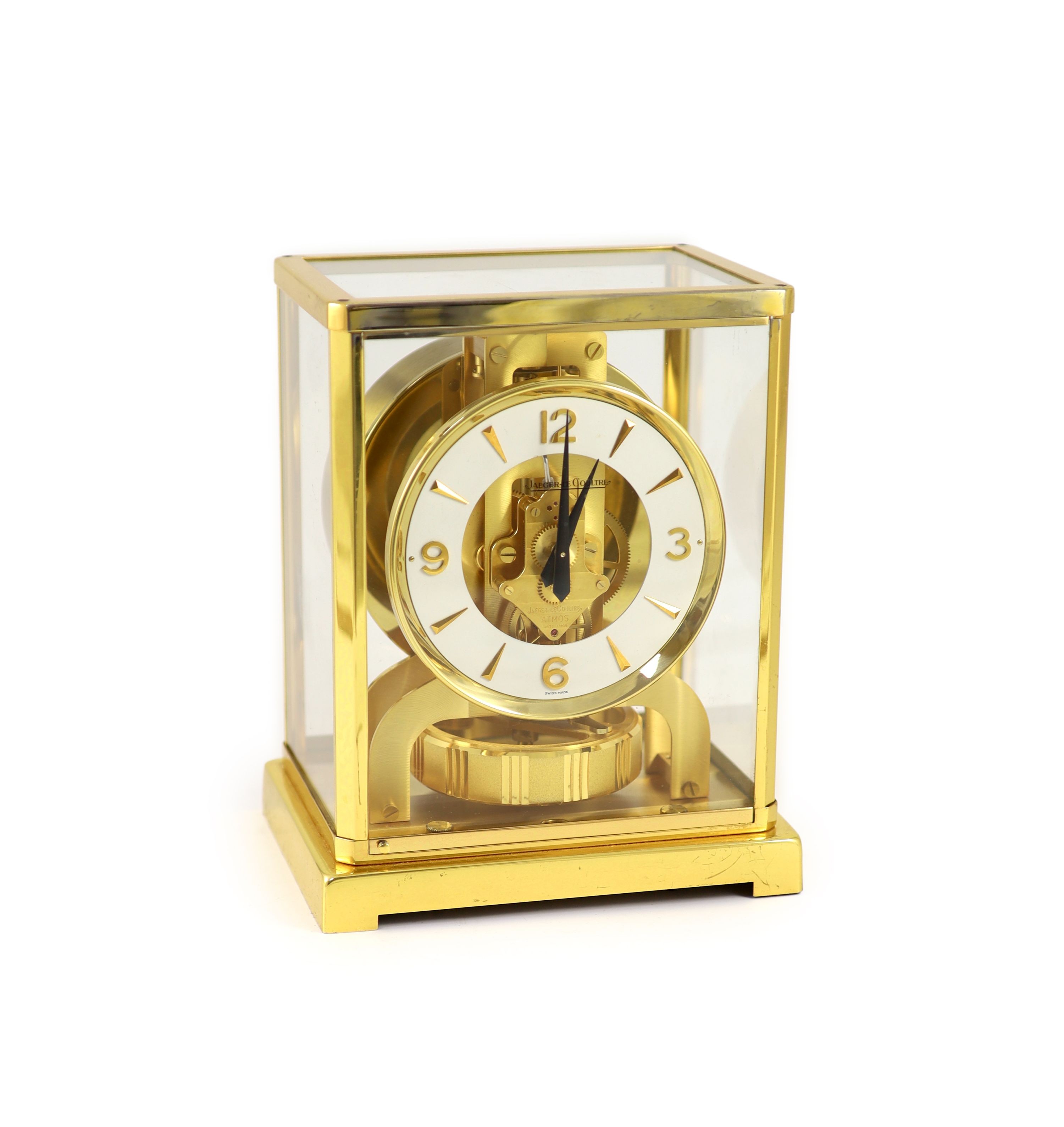 A Jaeger le Coultre gilt metal Atmos clock, width 18cm depth 13.5cm height 22cm